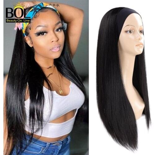 Beauty On Line Long Black Straight Ice Headband Wigs For Women 28Inch70cm Synthetic Wig With Headband Attached For Daily Use