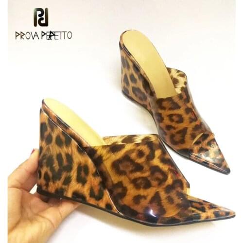Sexy leopard print wedge slippers summer pointed toe thick bottom nightclub party high heel slippers women