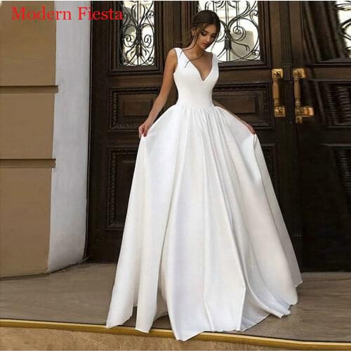 Satin V-neck Wedding Dresses Sleeveless свадебные платья Vestido De Novia Bride To Be Robe De Soirée De Mariage MF0244