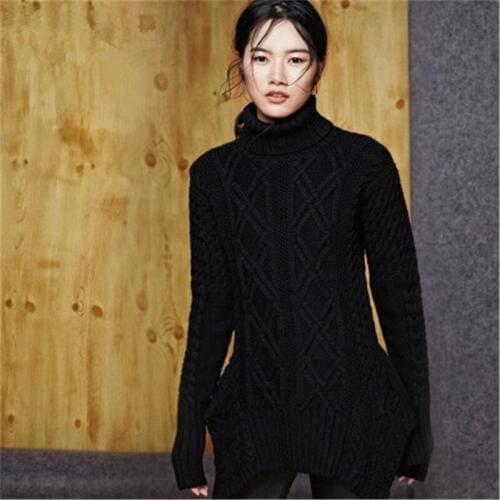 100% hand made pure wool turtleneck knit women fashion solid loose twisted irregular hem pullover sweater customized