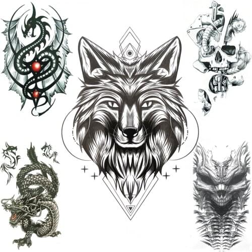 Black Wolf Fake Temporary Tattoos For Men Women Geometric Dragon Wings Tattoo Sticker Body Abdomen Evil Death Skull Tatoo Sheets