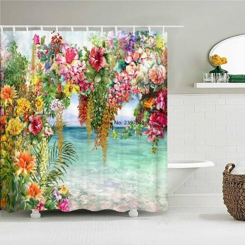 Colorful Flower Shower Curtain Bath Curtains Bathroom Waterproof Polyester Bathtub Screen With 12pcs Hook 180 x180cm 180 x 200cm