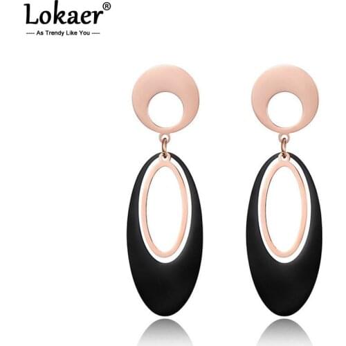 Lokaer New Arrive Rose Gold Color Classic Black Geometric double oval Titanium Steel Womens Earrings Female Gift E17066
