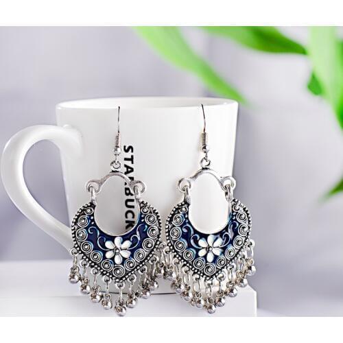 Boho Gypsy Tassel Indian Drop Earrings 2020 Women Orecchini Jewelry Ladies Retro Blue Flower Silver Color Jhumka Earrings