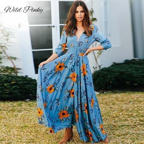 WildPinky 2020 Summer Long Dress Floral Print Boho Beach Dress V-neck Maxi Dress Women Evening Party Dress Sundress Vestidos