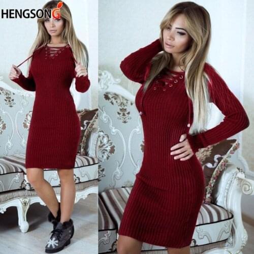 Women Autumn Dress Winter Bottom Sweater Dress Sexy Lace-up V-neck Slim Knee Length Knit Midi Dress Long Sleeve Bodycon Dress