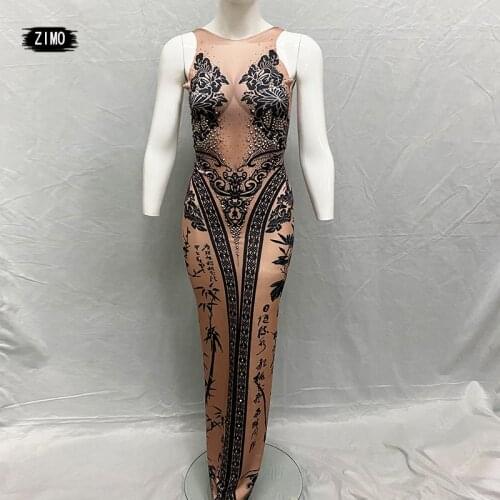 Sexy Flower Bamboo Print Dress tight spandex sleeveless diamond Women Birthday Nightclub designer dresses runway party elegant