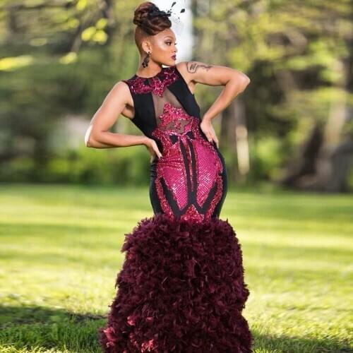 Sheer Neck Evening Dress Elegant Sequins Applique Formal Party Gowns Feater Mermaid Prom Dress Robe De Soiree Plus Size