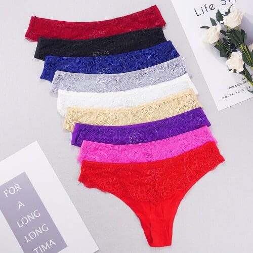 1 Piece Sexy G-String Thongs for Ladies Ice Silk Panties Women Underwear Simple Style Solid Color Seamless Briefs with Lace Trim