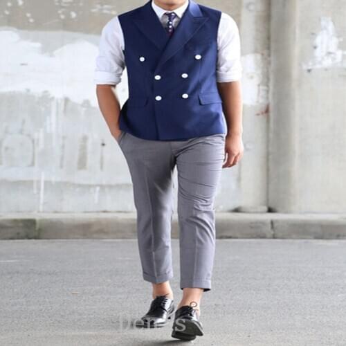 2018 Slim Blue Double Breasted Business Slim Fit Wedding Formal Handmade Custom Made Terno Men Waistcoat Vest