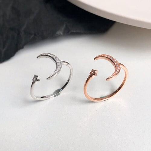925 Sterling Silver Star & Moon Zirconia Open Resizable Rings For Women New Design Jewelry For Girlfriend Gift