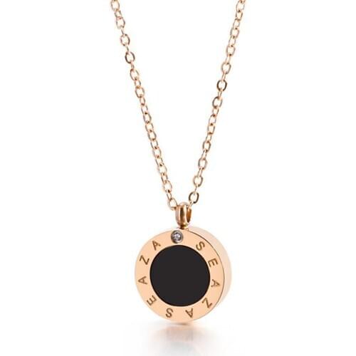 Stainless Steel Rose Gold Black Stone Round Fashion Delicate Zircon Stone Pendant Necklace Jewelry Gift For Him