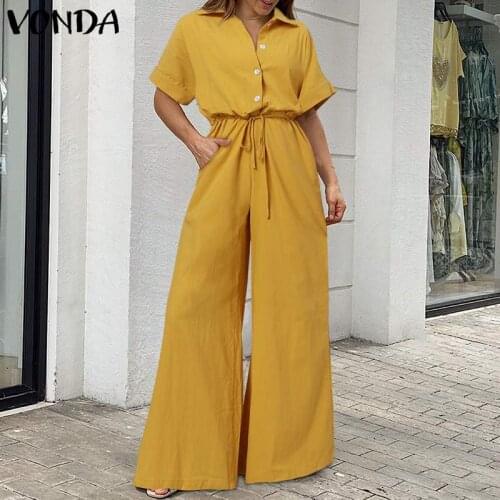 Long Jumpsuits VONDA 2021 Women Short Sleeve Lapel Button Up Jumpsuits With Belt Loose Wide Leg Playsuits Pantalones Oversized