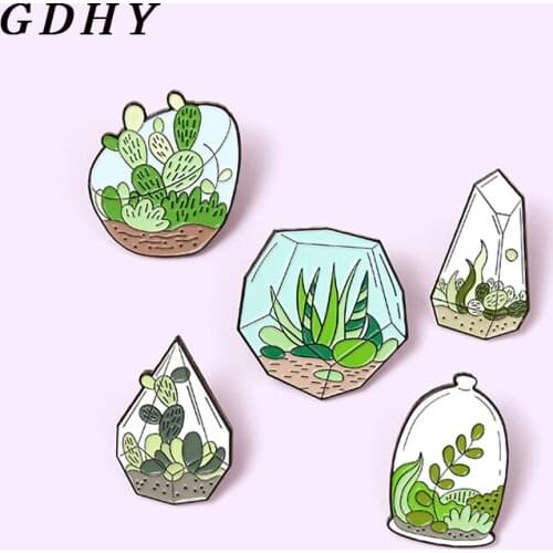 GDHY Potted Plant Botany Enamel Pins Cactus Aloe Brooches Bag Clothes Lapel Pin Green Plant Badge Jewelry Gift for Friends
