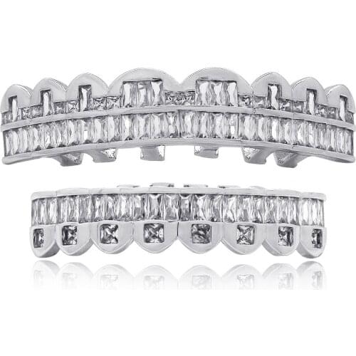 Hip Hop GRILLZ Iced Out AAA Zircon Fang Mouth Teeth Grillz Caps Top & Bottom Grill Set Men Women Vampire Grills