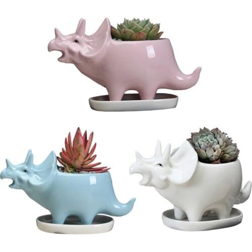 Ceramic Flowerpot Triceratops Design Succulent Pot With Tray Desktop Home Garden Decoration Dinosaur Flower Pot