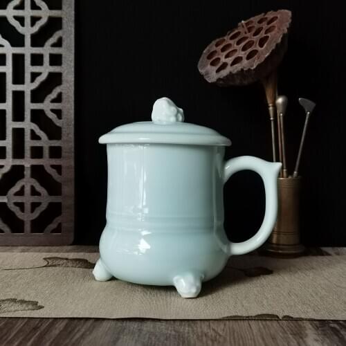 Coffee Mug Teacup with Lid 17oz Porcelain Cup Ceramic Chinese Traditional Style Drinkware Celadons Microwave and Dishwasher Safe