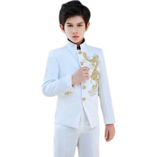 Children Formal White Dress Suit Set Flower Boys Wedding Party Performance Costume Kids Blazer Pants Shirt Boys Clothes