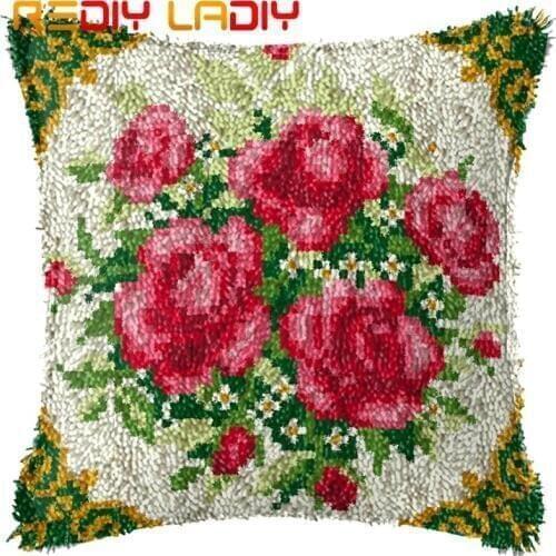 Latch Hook Cushion Bouquet of Rose Printed Canvas Cushion Cover Acrylic Yarn Crochet Pillow Case Set Hobby & Crafts Home Decor