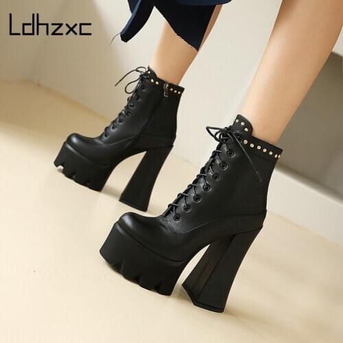LDHZXC New Genuine Leather Boots Zip Platform Ankle Boots Round Toe Fashion Autumn Winter Boots Ladies Party Shoes