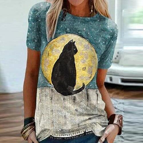 Summer Womens Sky Star 3D Cat Print Fashionable Tide All-Match Simplicity Loose Comfortable Round Neck Short Sleeve T-Shirt