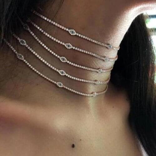 Hot Sale Luxury Rhinestone Evil Eye Choker Necklace Statement Jewelry for Women Bling Crystal Tennis Chain Charm Collar Necklace