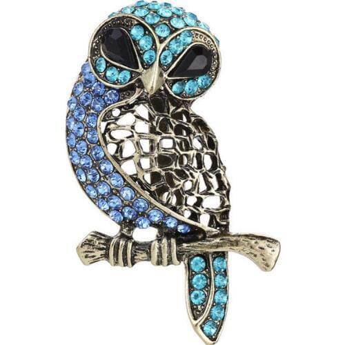 The Vintage Two Color Tones Crystals Vivid Owl Broach Fashion Accessory