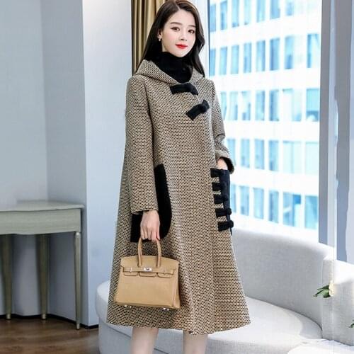 New Wool Blend Coat Women Autumn Winter 2021 Vintage Fashion Contrast Color Buckle Hooded Loose Long Tweed Woolen Coat