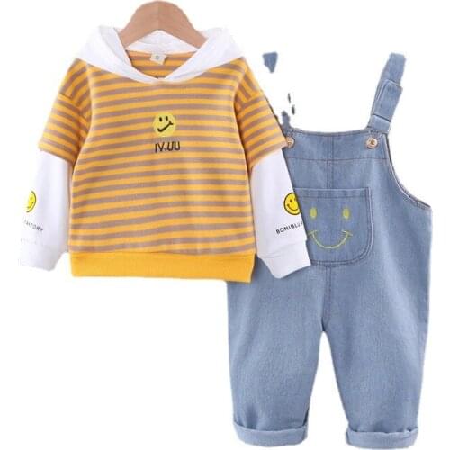 Autumn Cute Smiling Face Kid 's Wear Boys Hooded T-shirt Children Splicing Stripe Long Sleeve Top Cowboy Suspender Two Piece Set