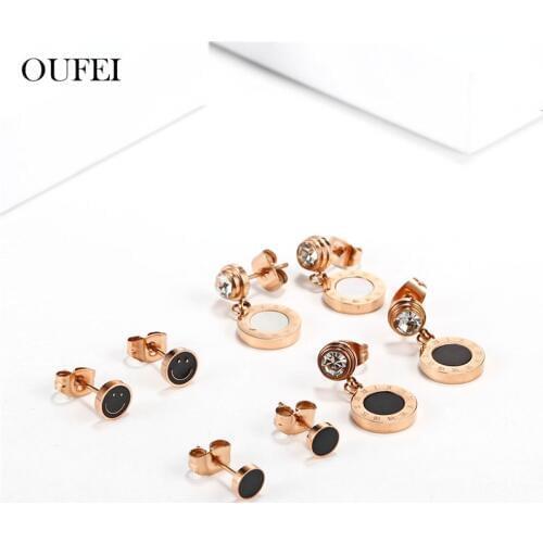 OUFEI Rose Gold Black Shell Stud Earrings For Women Stainless Steel Earrings Korean Style Women Offers With Free Shipping