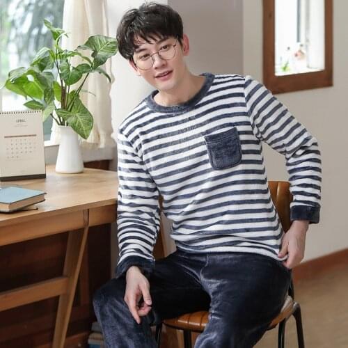 Plus Size 3XL Nightwear Long Sleeve Winter Warm Coral Fleece Pajamas Sets Print Sleepwear Long Pant Male Men Pajama Set SC016