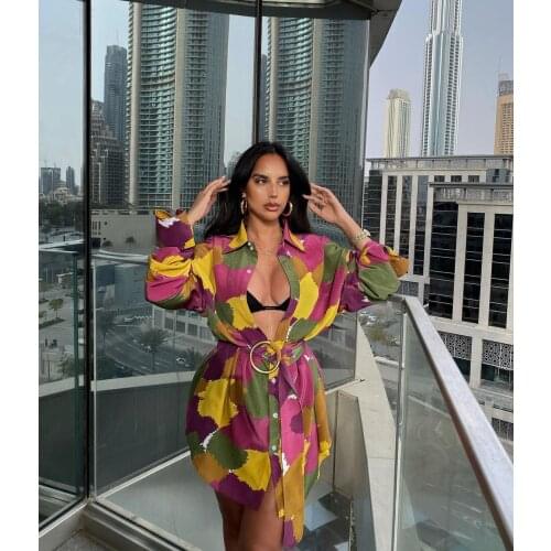 2020 Famous Elegant Design Shirts Dress Print Turn-down Collar Belt Summer Casual Bodycon Mini Dress Vestidos