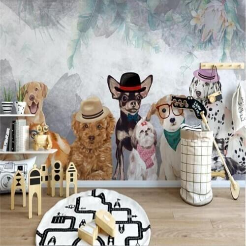 Custom wallpaper cartoon hand-painted pet puppy personality childrens room wall decoration - high-grade waterproof material