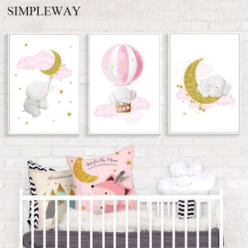 Elephant Moon Balloon Poster Baby Nursery Wall Art Print Cartoon Canvas Painting Nordic Kids Decoration Picture Child Room Decor