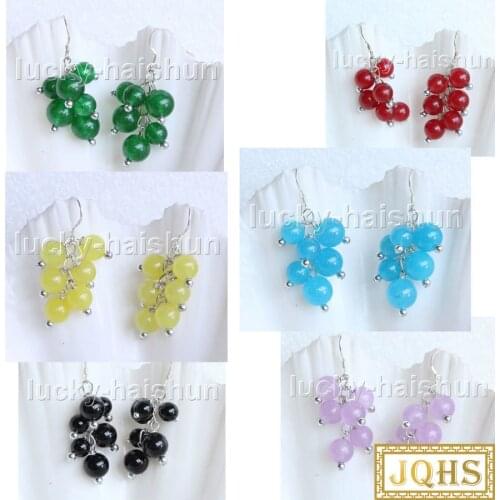 Natural Dangle grape round lavender green red blue black jades earrings 925 silver hook j11375-1