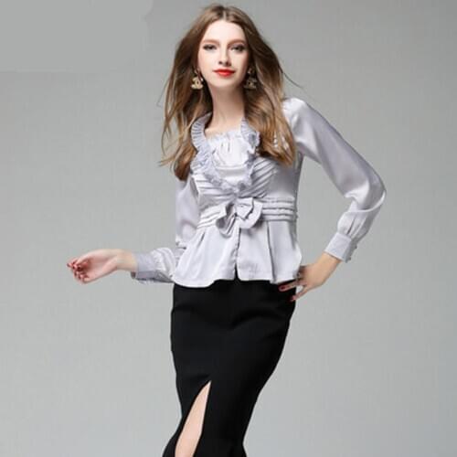 2020 Spring Autumn Long Sleeve High End Real Silk Tops Women Fashion Office Ladies Slim Blouses Ruffles Bow Silver Tops Shirt