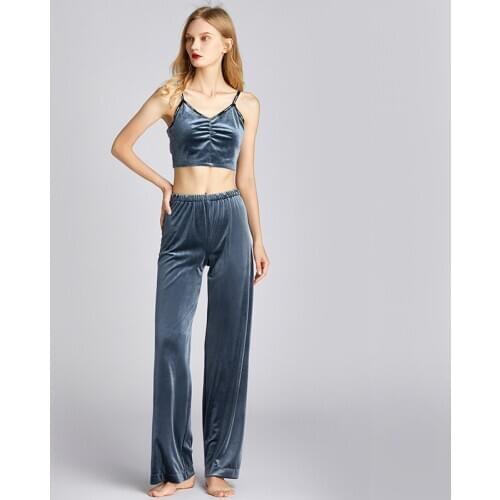 Sleepwesar New stylish gold velvet trousers womens autumn/winter high-waisted loose-waisted drop-dow pijama V-Neck lingerie