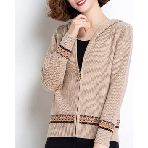 Hooded knitted cardigan womens spring and autumn new fashion casual loose zipper sweater long-sleeved jacket short top
