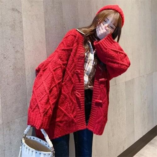 Red Cardigan Women Sweater Mid-Length V-Neck Thicken Bat Sleeve Knitted Top Autumn Winter Loose Wild Knitwear Coat Ropa De Mujer