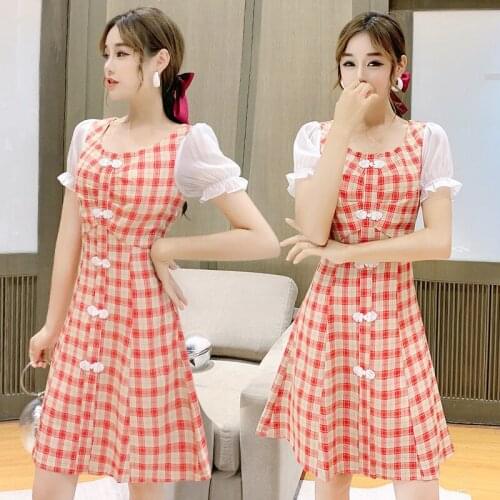 Japanese summer womens Mini Dress square collar with Lace Pink cheongsam buckle bubble sleeve lovely retro womens clothing