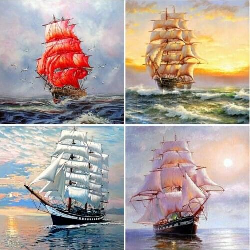 AZQSD 5D DIY Diamond Painting boat sea Cross Stitch Picture of Rhinestones Diamond Embroidery landscape Mosaic home decor