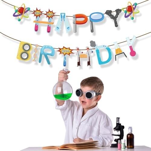 Baby Shower Scientist Happy Birthday Banner Party Decoration DIY Scientist Laboratory Wall Hanging Bunting Kids Party Favors