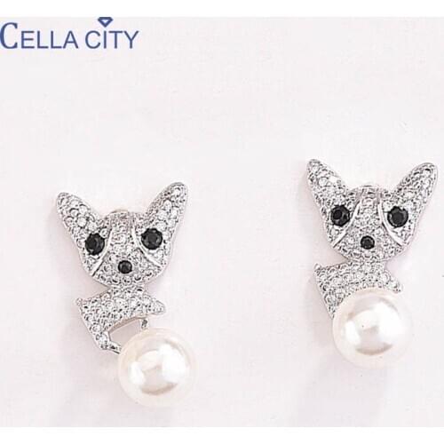 Cellacity Cute Puppy Stud Earrings for Women Silver 925 Jewelry Zircon Pearl Ear-studs Female Trendy Anniversary Gift Wholesale
