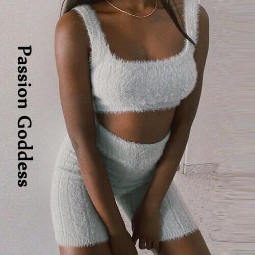 Cute Women 2 Piece Fluffy Fur Sets Plush Sweater Tank Tops High Waist Slim Shorts Knitted Wool Suit Warm Fuzzy Two Piece Outfits