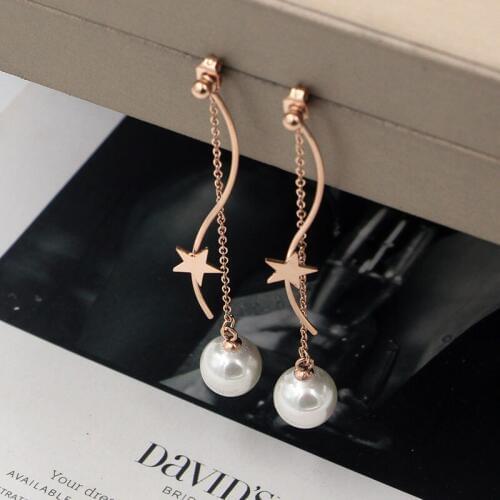 Fashion Quality Star Pearl Stud earrings Titanium Steel rose gold color High Quality Women Jewelry , factory prices