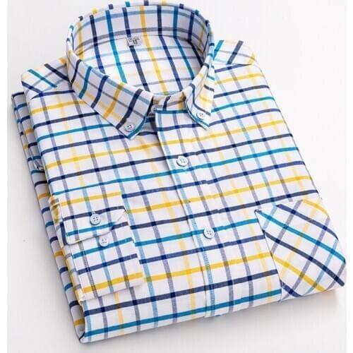 100% Cotton Oxford Long Sleeve casual shirts for men Plaid Shirt Slim Fit Leisure Quality Men Clothing with chest pocket New