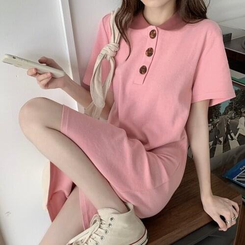 Dresses Polo Collar Short-sleeved Dress New Summer Womens Skirt Temperament Korean Version of Slim and Thin Mid-length Skirt