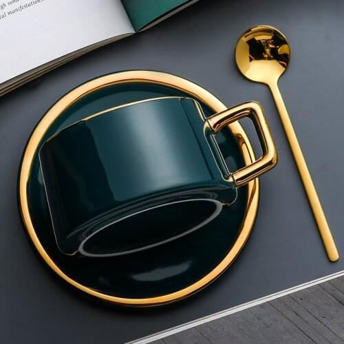 Simple Modern Ceramic Coffee Cup Saucer Spoon Set Gold Rim Metal Tea Cup Set Vintage Reusable Tazas De Cafe Drinkware EB50BD