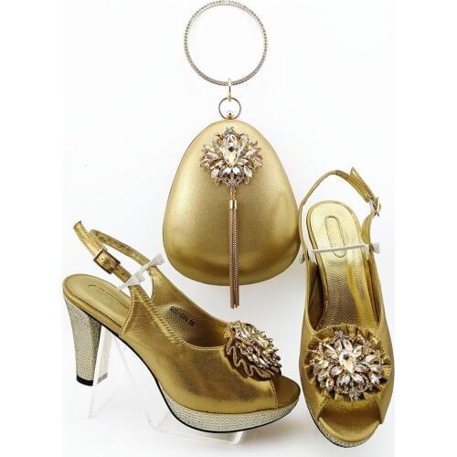 Most popular gold women pumps with crystal decoration african dress shoes match handbag set QSL024,heel 10CM