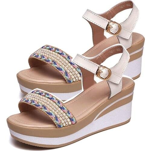 LIHUAMAO summer bohemian print wedges heel sandals platform causal Ankle strap fashion elegance lady beach sandals women shoes